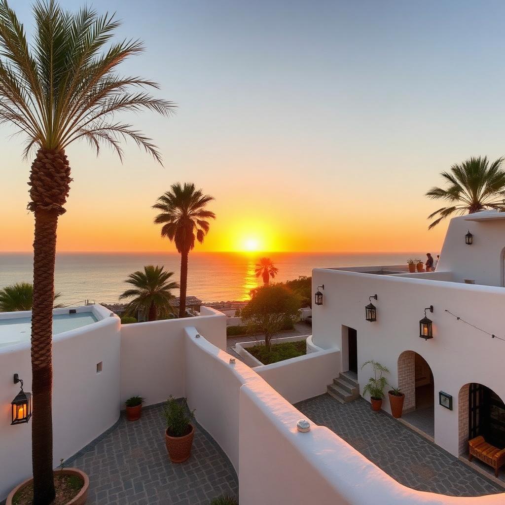 Whitewashed riad rooftop overlooking the Atlantic in Morocco — cheap beach houses in Morocco. Images and Photos created by www.cheap-beach-house.com