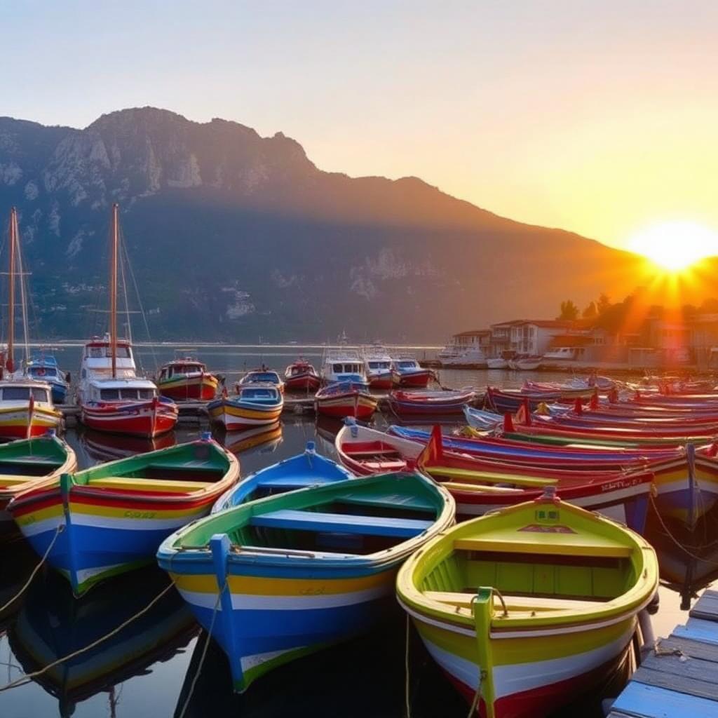 Fishing boats moored in a small Albanian harbour at sunset — cheap beach houses in Albania. Images and Photos created by www.cheap-beach-house.com