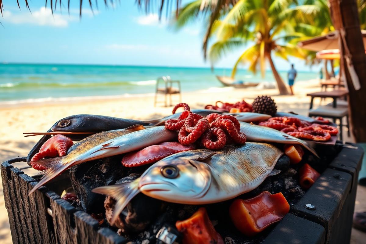 Beach seafood grill under casuarina trees on the Madagascan coast — cheap beach houses in Madagascar. Images and Photos created by www.cheap-beach-house.com