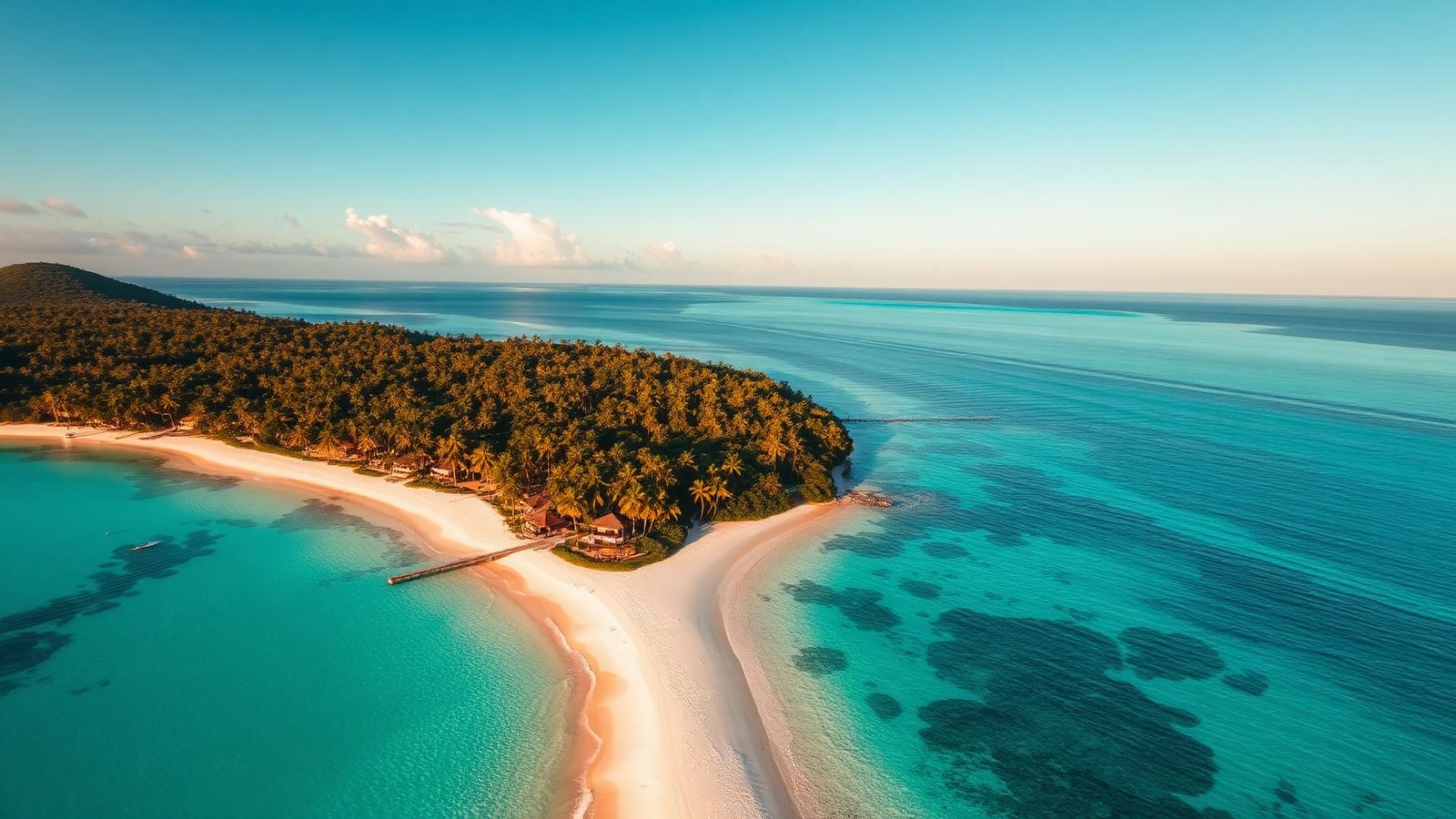 Aerial view of a tropical island with turquoise water, white sand beaches and palm trees where cheap beach houses can be found. Images and Photos created by www.cheap-beach-house.com