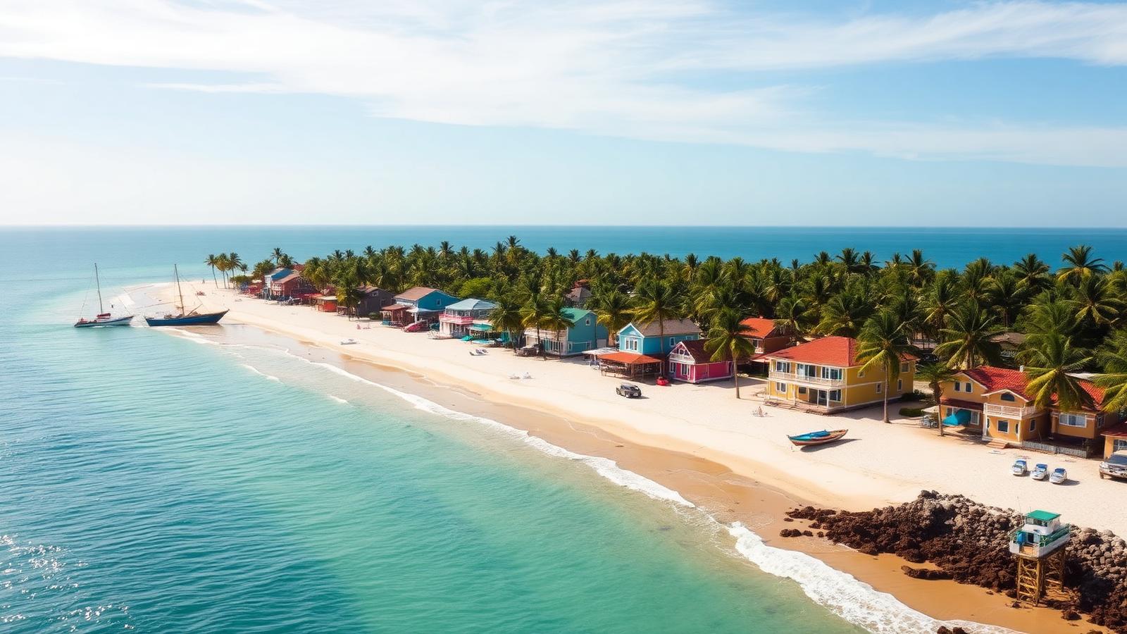 Colourful Brazilian fishing village lined with palm trees along a white sand beach where cheap beach houses are still affordable. Images and Photos created by www.cheap-beach-house.com