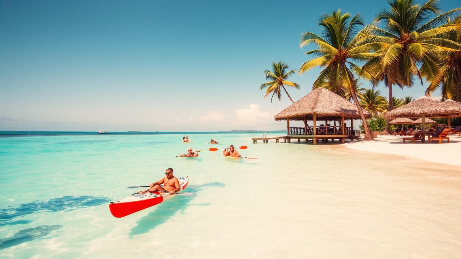 People snorkelling and kayaking in clear turquoise Caribbean water beside a white sand beach and thatched beach bar