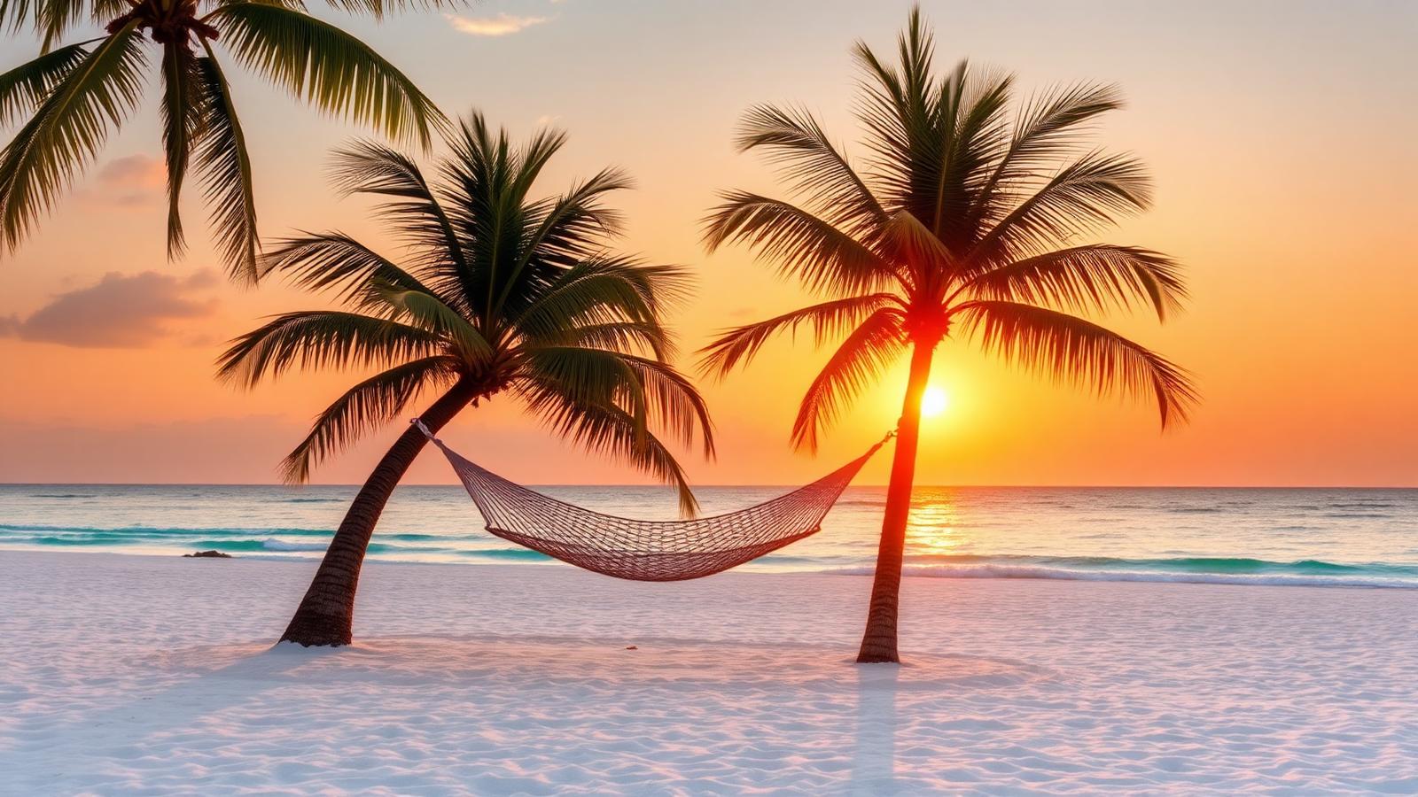 Hammock strung between two palm trees on a white sand beach at sunset — the vision behind buying a cheap beach house. Images and Photos created by www.cheap-beach-house.com