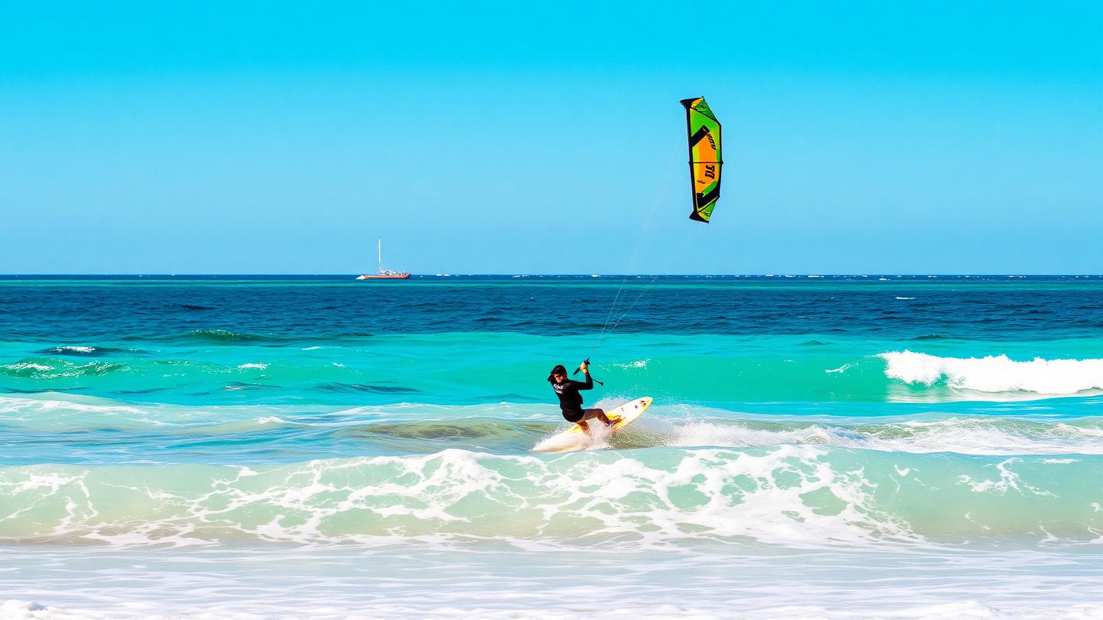 Kite-surfer riding turquoise waves under a bright blue sky at an affordable beach house destination. Images and Photos created by www.cheap-beach-house.com