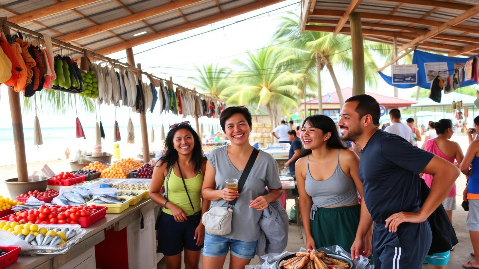 Friendly locals and travellers laughing together at a tropical beach market in a cheap beach house town. Images and Photos created by www.cheap-beach-house.com