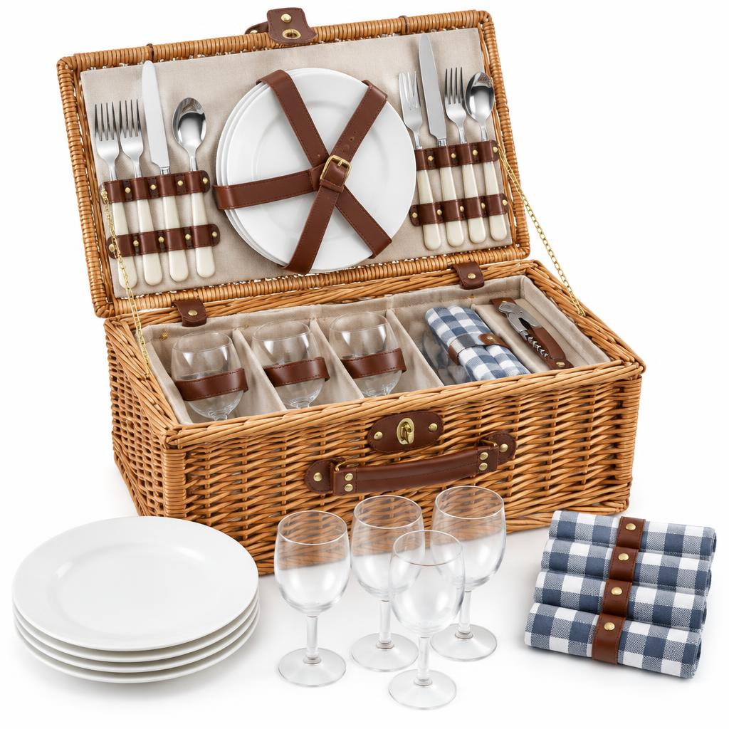 Wicker Picnic Basket Set — illustrative product photo, not an exact listing. Images and Photos created by www.cheap-beach-house.com