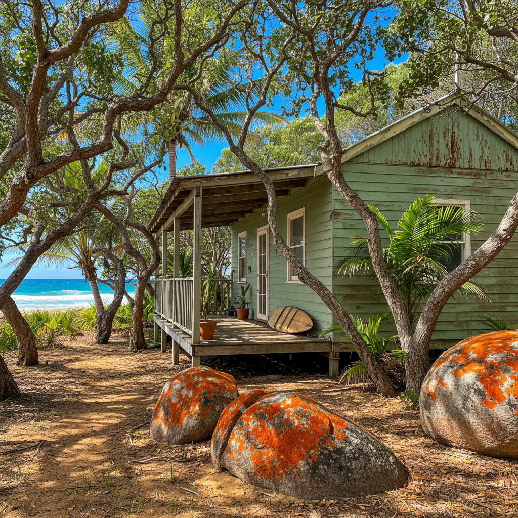 Tasmanian east-coast fibro shack — cheap beach house for sale in Bicheno, Australia, gallery view 2 showing beachfront, interiors or neighbourhood. Images and Photos created by www.cheap-beach-house.com