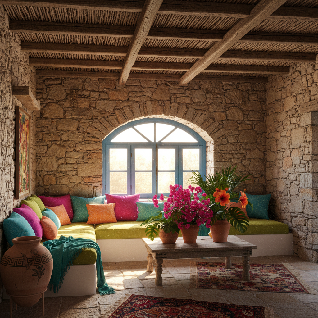 Ikaria stone cottage, small terrace — cheap beach house for sale in Nas, Greece, gallery view 1 showing beachfront, interiors or neighbourhood. Images and Photos created by www.cheap-beach-house.com