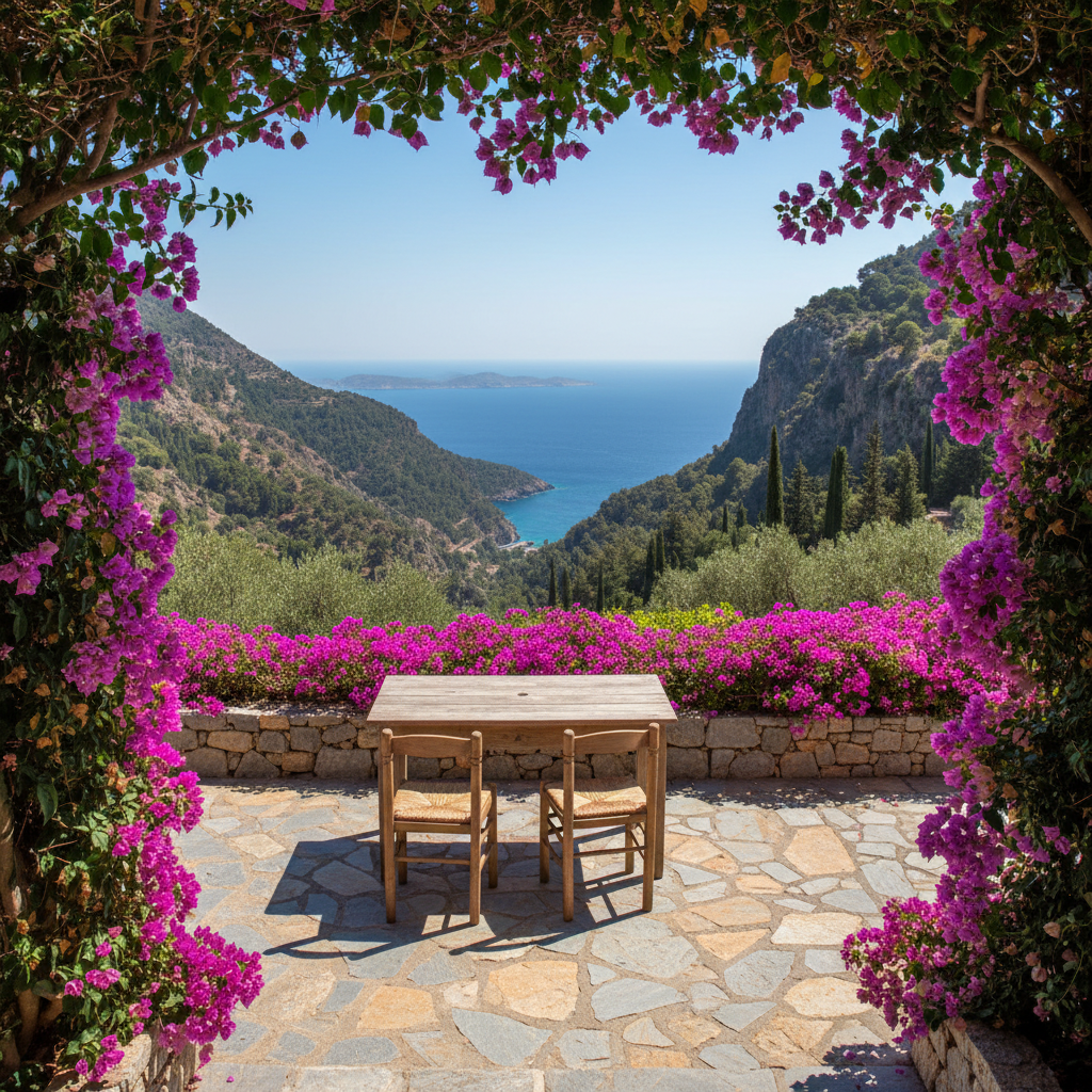 Ikaria stone cottage, small terrace — cheap beach house for sale in Nas, Greece, gallery view 2 showing beachfront, interiors or neighbourhood. Images and Photos created by www.cheap-beach-house.com