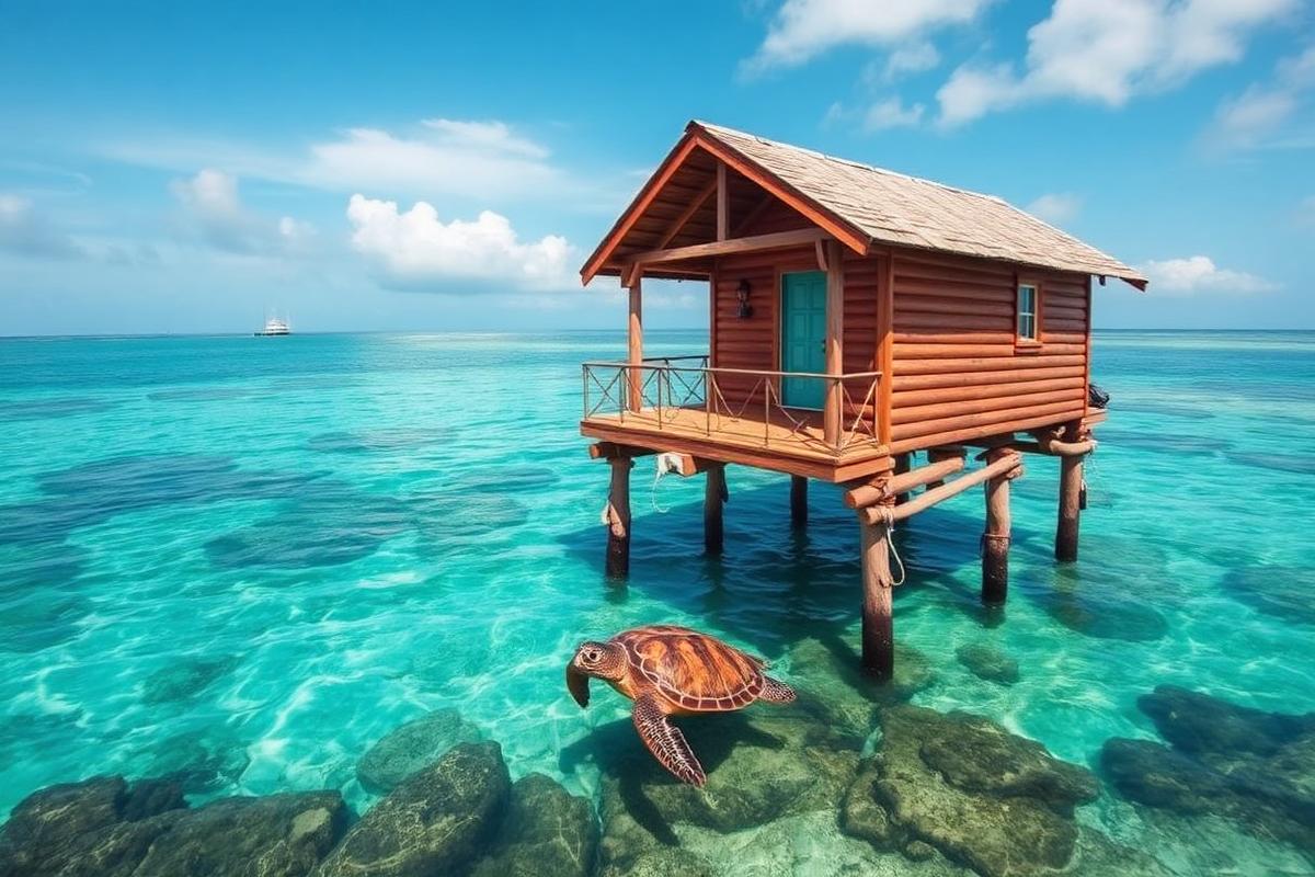 Derawan overwater cabin — cheap beach house for sale in Pulau Derawan, Indonesia. Images and Photos created by www.cheap-beach-house.com