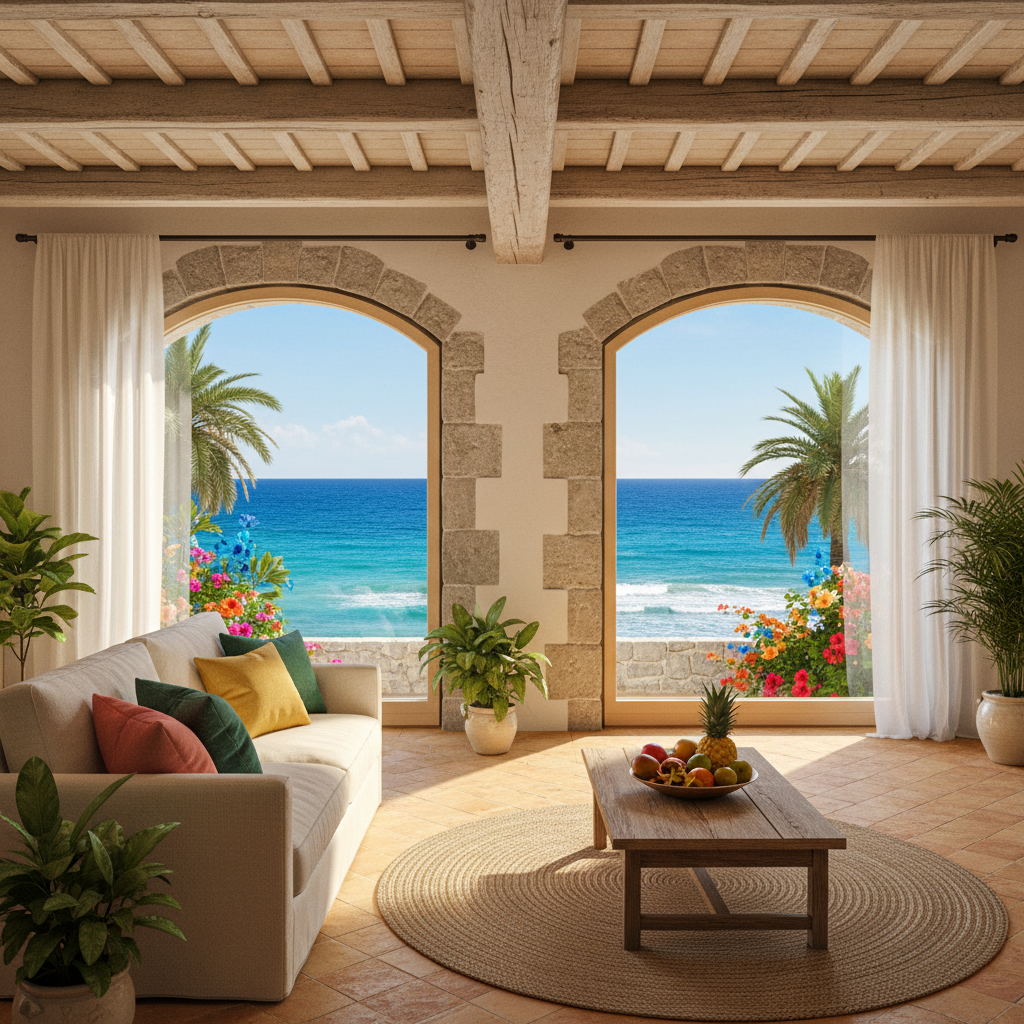 Calabria hillside cottage above Ionian Sea — cheap beach house for sale in Riace, Italy, gallery view 1 showing beachfront, interiors or neighbourhood. Images and Photos created by www.cheap-beach-house.com