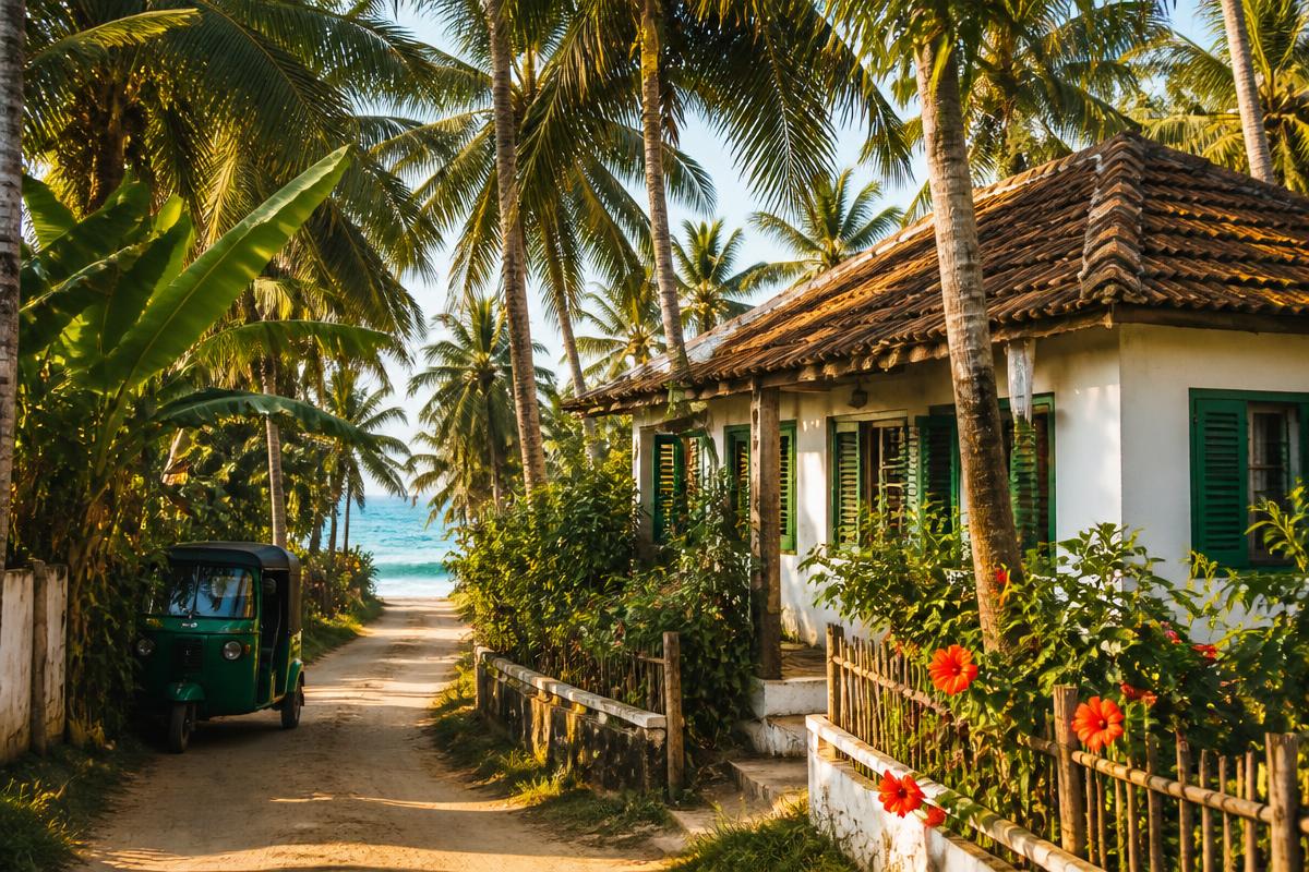 Ahangama palm-lined lane cottage — beach house under $100K USD in Ahangama, Sri Lanka. Images and Photos created by www.cheap-beach-house.com