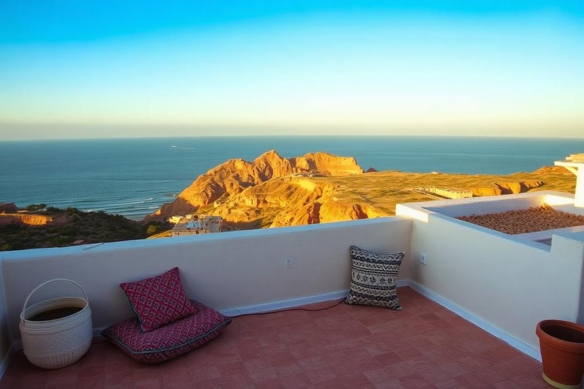 Mirleft cliffside cottage — cheap beach house for sale in Mirleft, Morocco, gallery view 3 showing beachfront, interiors or neighbourhood. Images and Photos created by www.cheap-beach-house.com