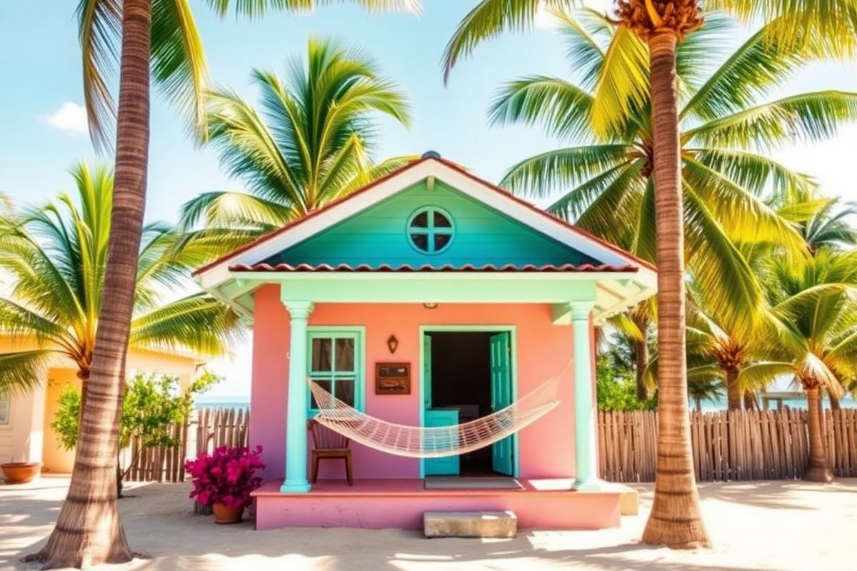 Costa Esmeralda palm-shaded cottage — beach house under $100K USD in Monte Gordo, Mexico. Images and Photos created by www.cheap-beach-house.com