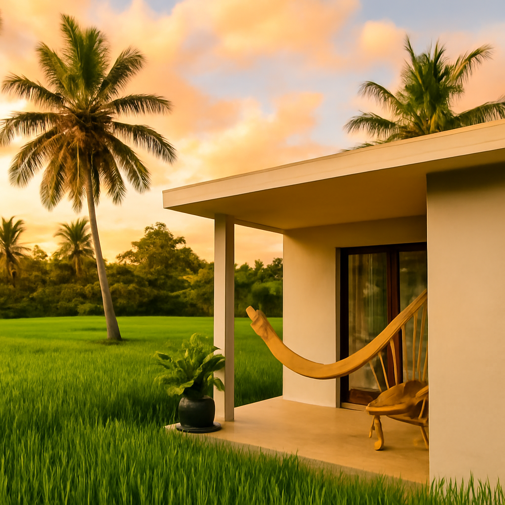 Concrete casita, Siargao rice-field edge — cheap beach house for sale in General Luna, Philippines, gallery view 2 showing beachfront, interiors or neighbourhood. Images and Photos created by www.cheap-beach-house.com