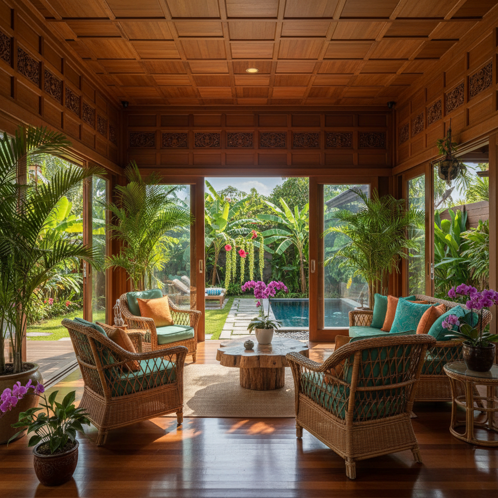 Koh Lanta teak house — cheap beach house for sale in Koh Lanta, Thailand, gallery view 1 showing beachfront, interiors or neighbourhood. Images and Photos created by www.cheap-beach-house.com