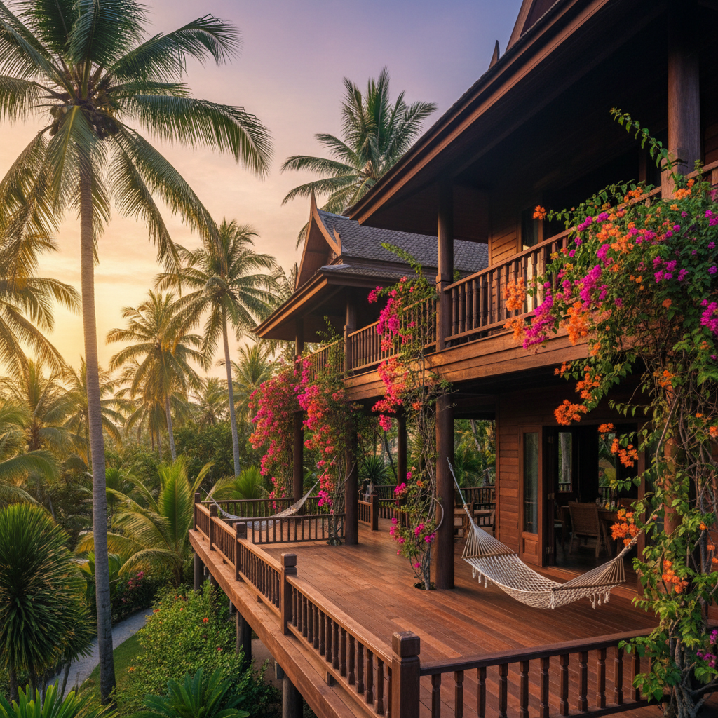 Koh Lanta teak house — cheap beach house for sale in Koh Lanta, Thailand, gallery view 2 showing beachfront, interiors or neighbourhood. Images and Photos created by www.cheap-beach-house.com