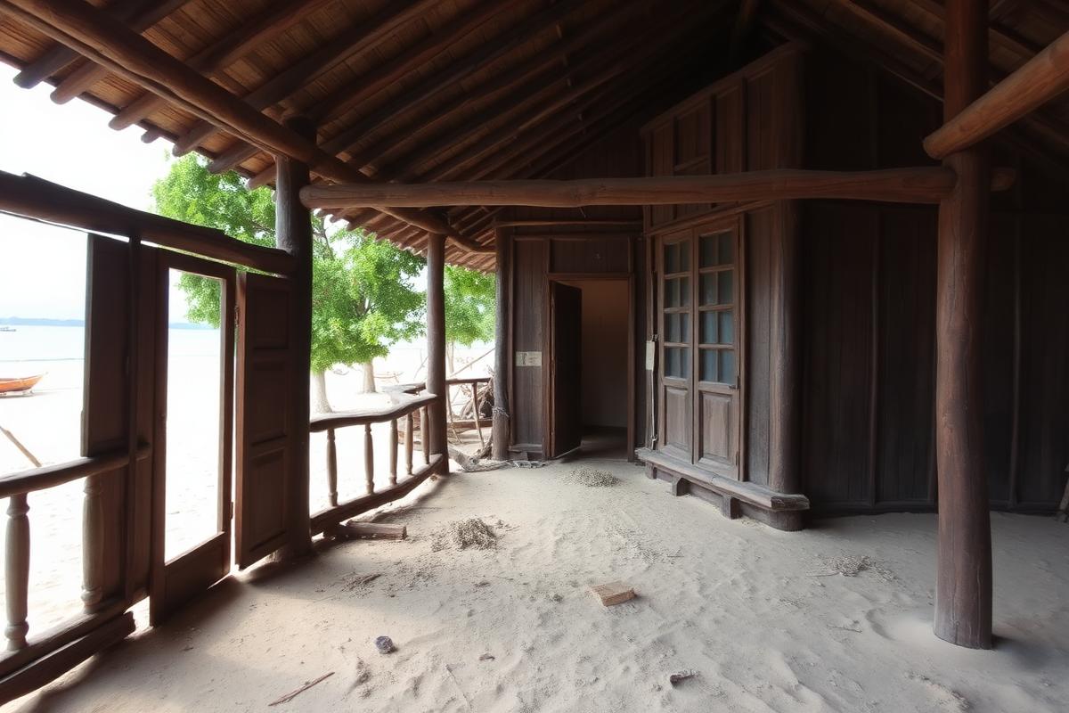 Pak Bara fisherman's house — cheap beach house for sale in Pak Bara, Thailand, gallery view 1 showing beachfront, interiors or neighbourhood. Images and Photos created by www.cheap-beach-house.com