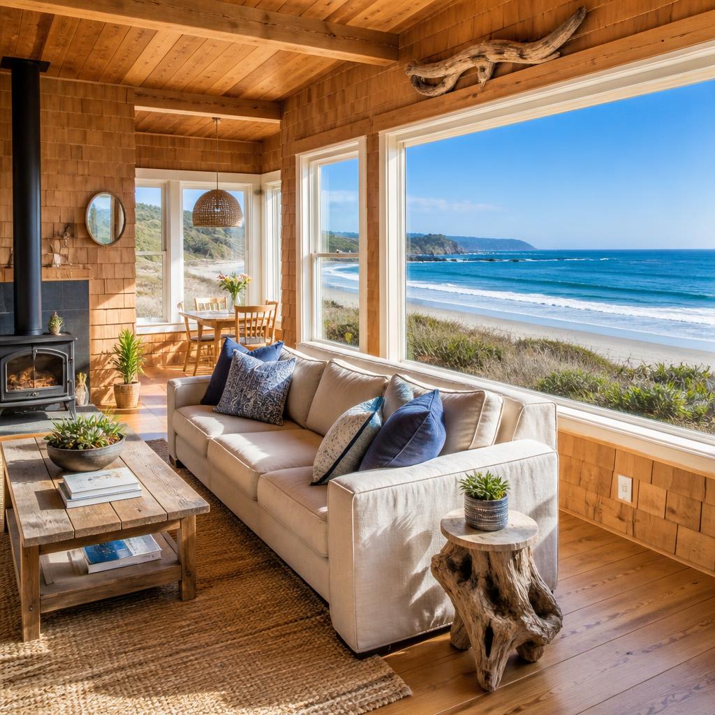 Humboldt coast redwood cottage — cheap beach house for sale in Trinidad, United States, gallery view 1 showing beachfront, interiors or neighbourhood. Images and Photos created by www.cheap-beach-house.com